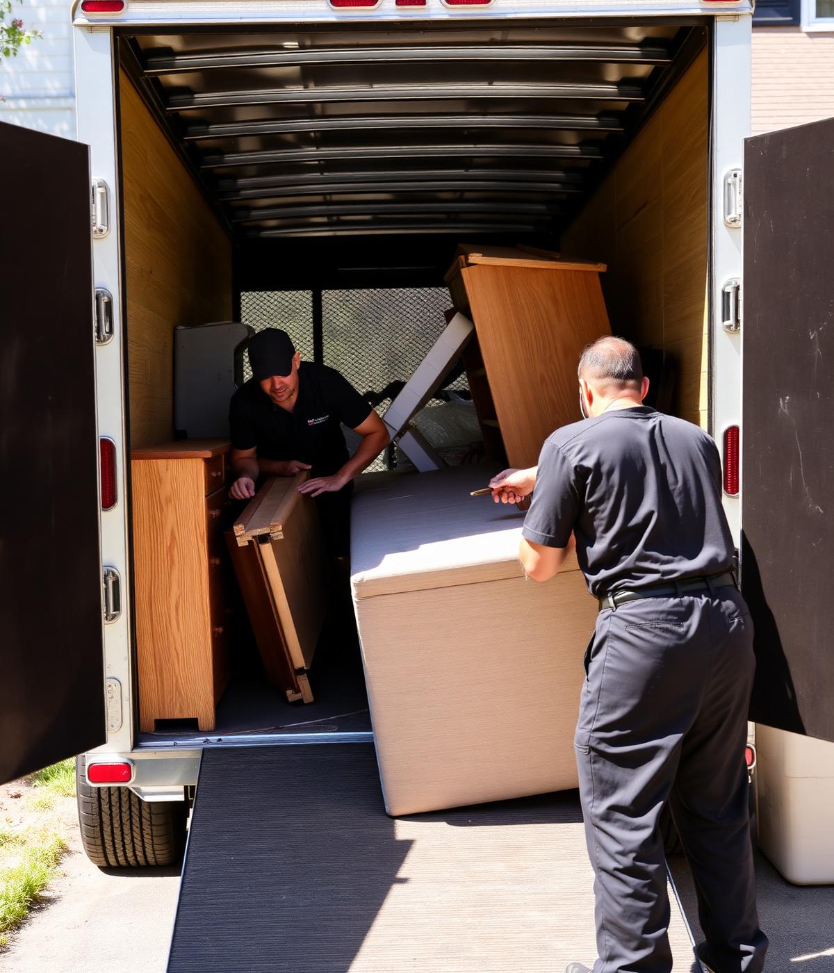 Junk removal crew loading furniture into a trailer