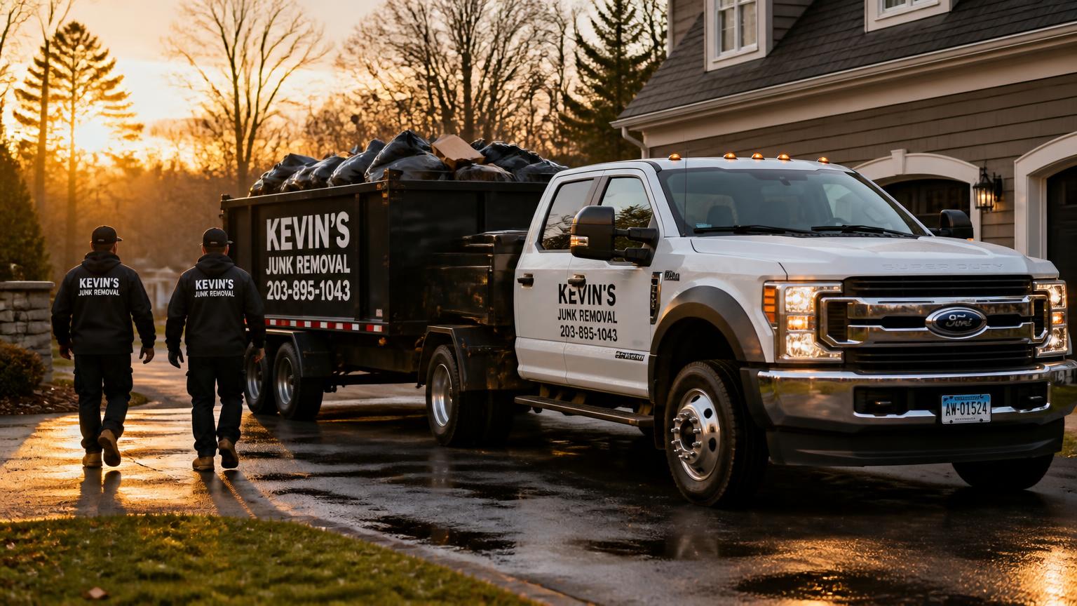 Kevin's Junk Removal truck and dump trailer at a Connecticut home